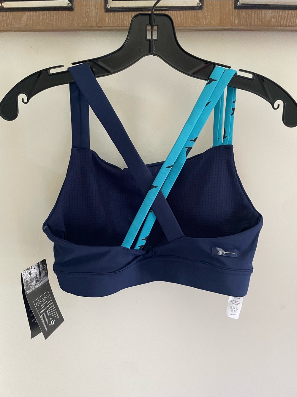 Oiselle Navy Sports Bra with Aqua Strappy Back - Picture 6 of 6